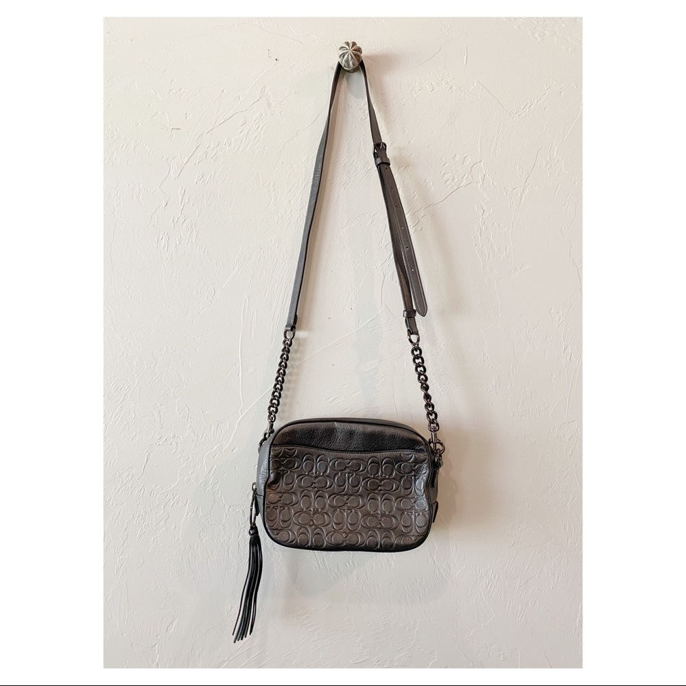 New Coach Signature Metallic Embossed Camera crossbody bag purse Graphite silver